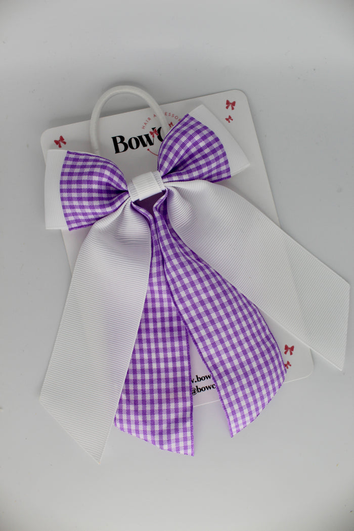 Double Layer Tail Bow - School Bow Lilac Gingham - Elastic
