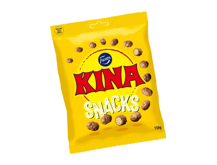 Fazer Kina Gul Snacks (Puffar) 150g – Swedish white chocolate-coated puffed corn candy bag