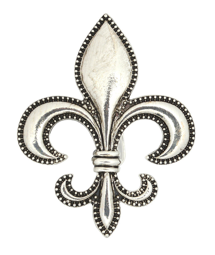 Fleur-de-lis hair hook silver ponytail holder elegant statement hair accessory on white background