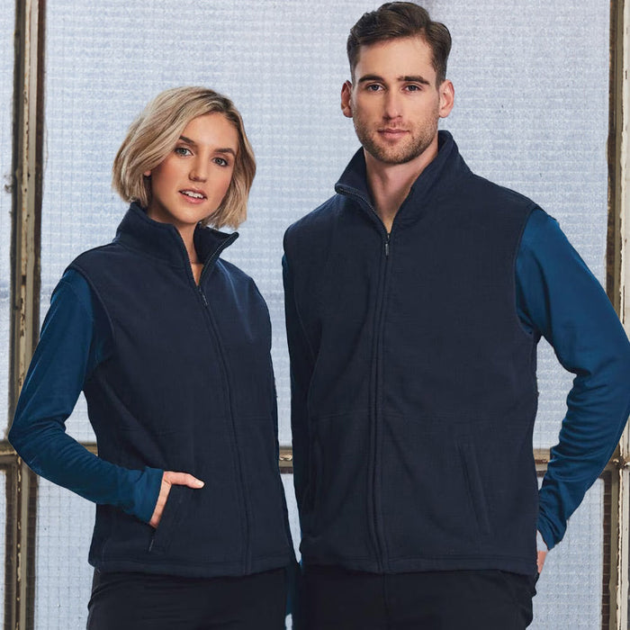 Freedom Polar Fleece Vest in navy blue with teal sleeves, anti-pill polar fleece