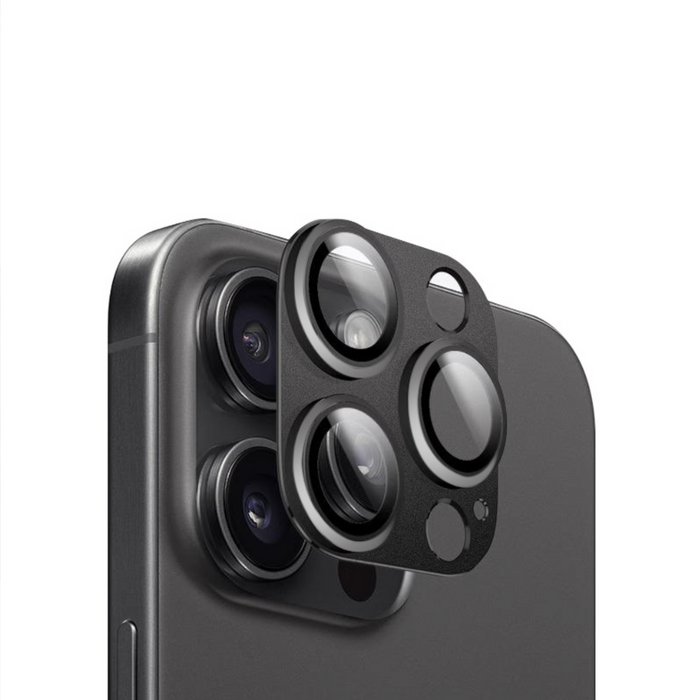 Black Titanium camera lens cover fits over triple rear cameras, offering full protection for iPhones.