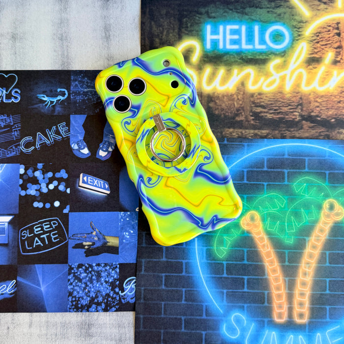Full Voltage psychedelic marble MagSafe phone grip ring with neon lime green yellow and electric blue liquid swirls compatible with iPhone and Samsung