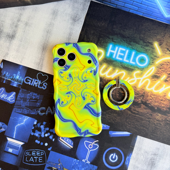 Full Voltage psychedelic marble MagSafe phone grip ring with neon lime green yellow and electric blue liquid swirls compatible with iPhone and Samsung