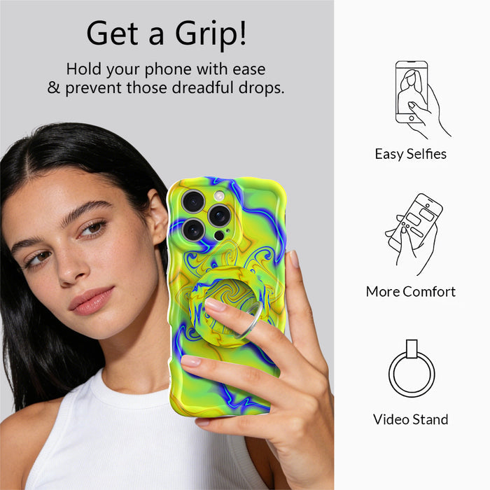 Full Voltage psychedelic marble MagSafe phone grip ring with neon lime green yellow and electric blue liquid swirls compatible with iPhone and Samsung