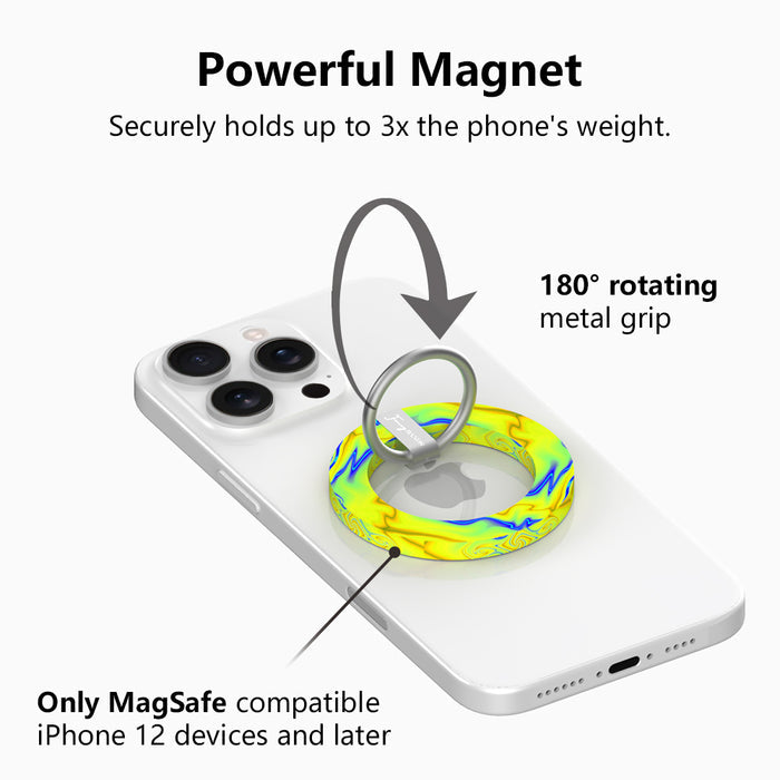 Full Voltage psychedelic marble MagSafe phone grip ring with neon lime green yellow and electric blue liquid swirls compatible with iPhone and Samsung