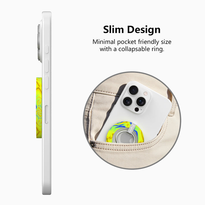 Full Voltage psychedelic marble MagSafe phone grip ring with neon lime green yellow and electric blue liquid swirls compatible with iPhone and Samsung