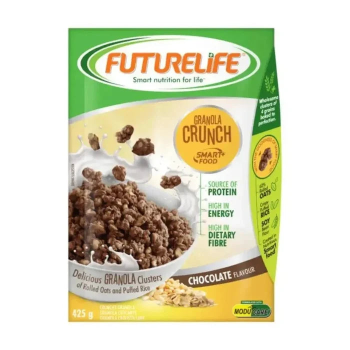 Futurelife Crunch Cereal Chocolate 425g box with chocolate pieces and nutrition highlights