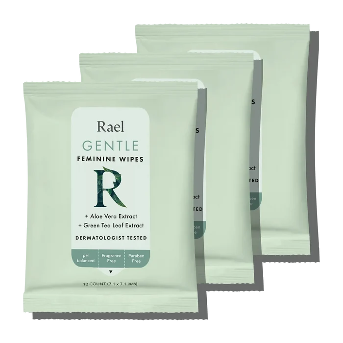 Three packets of Rael Gentle Feminine Wipes with a green and white color scheme, indicating the product is for feminine care.