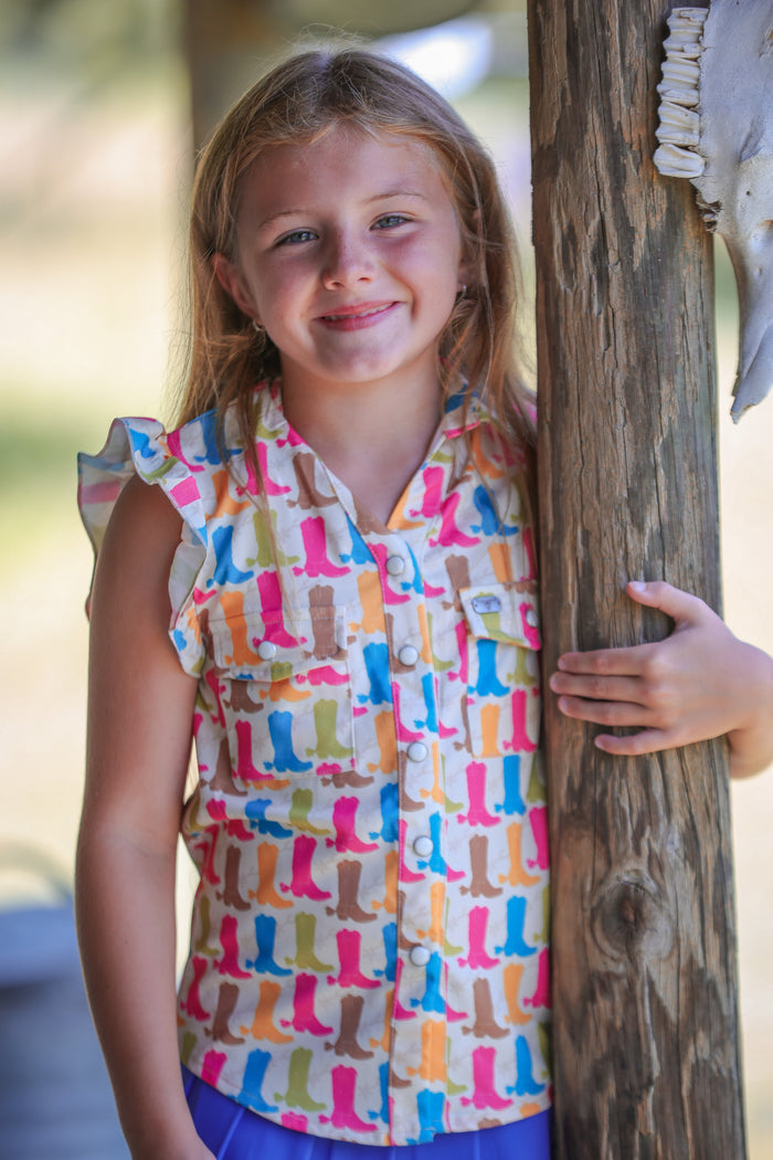 Girls Contrast Boot Printed Button Down