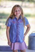 Girls Mid Wash Denim Puff Short Sleeve Western Pink Arrow Pearl Snap
