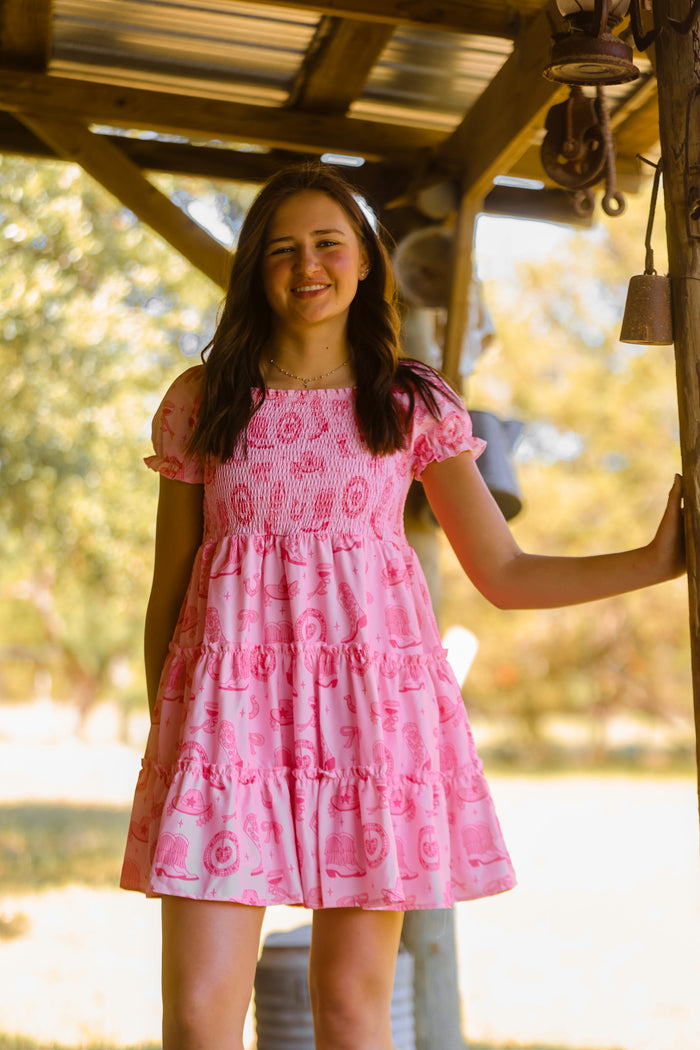 Girls Pink Boots Ruffled Dress