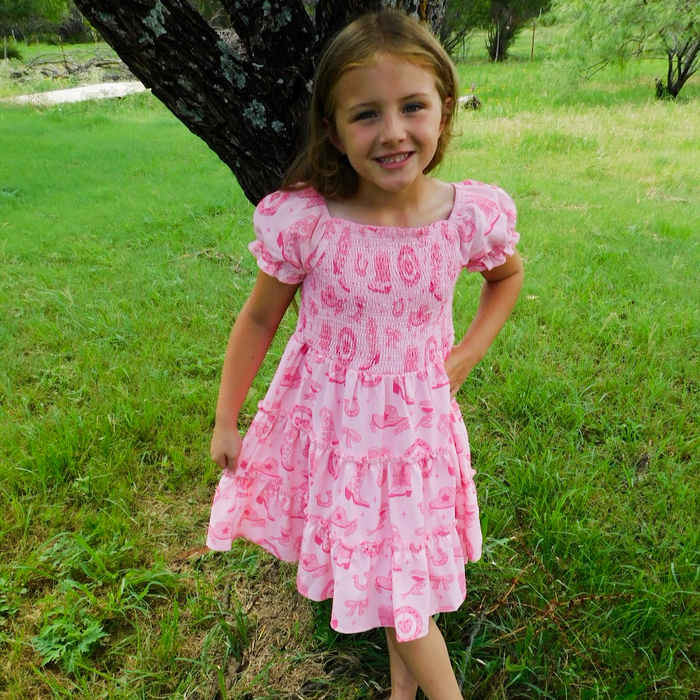 Girls Pink Boots Ruffled Dress