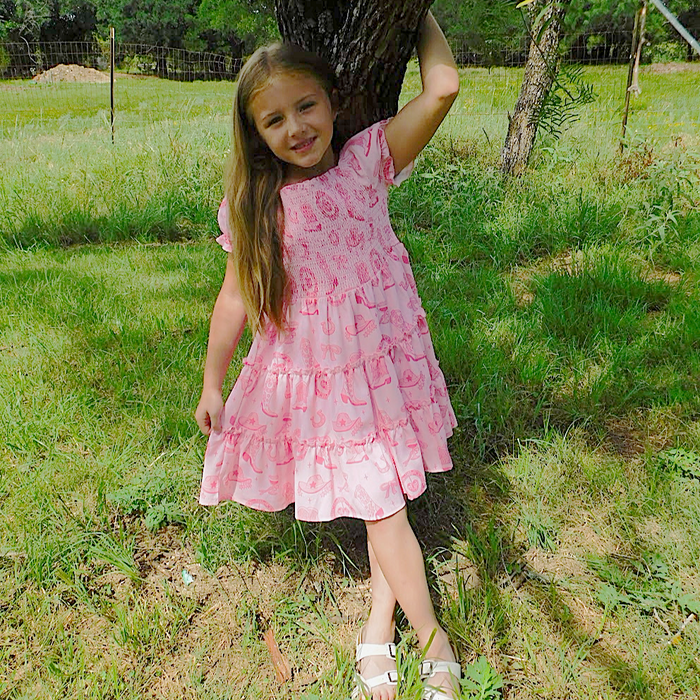 Girls Pink Boots Ruffled Dress