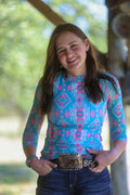 Girls Turquoise Aztec Printed Mesh Top