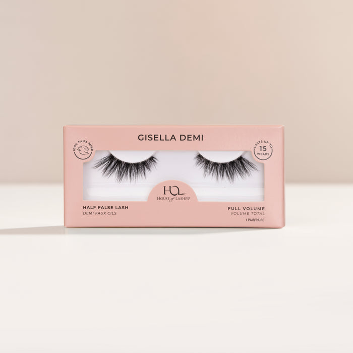 Gisella Demi false eyelashes in a pink box with a clear window