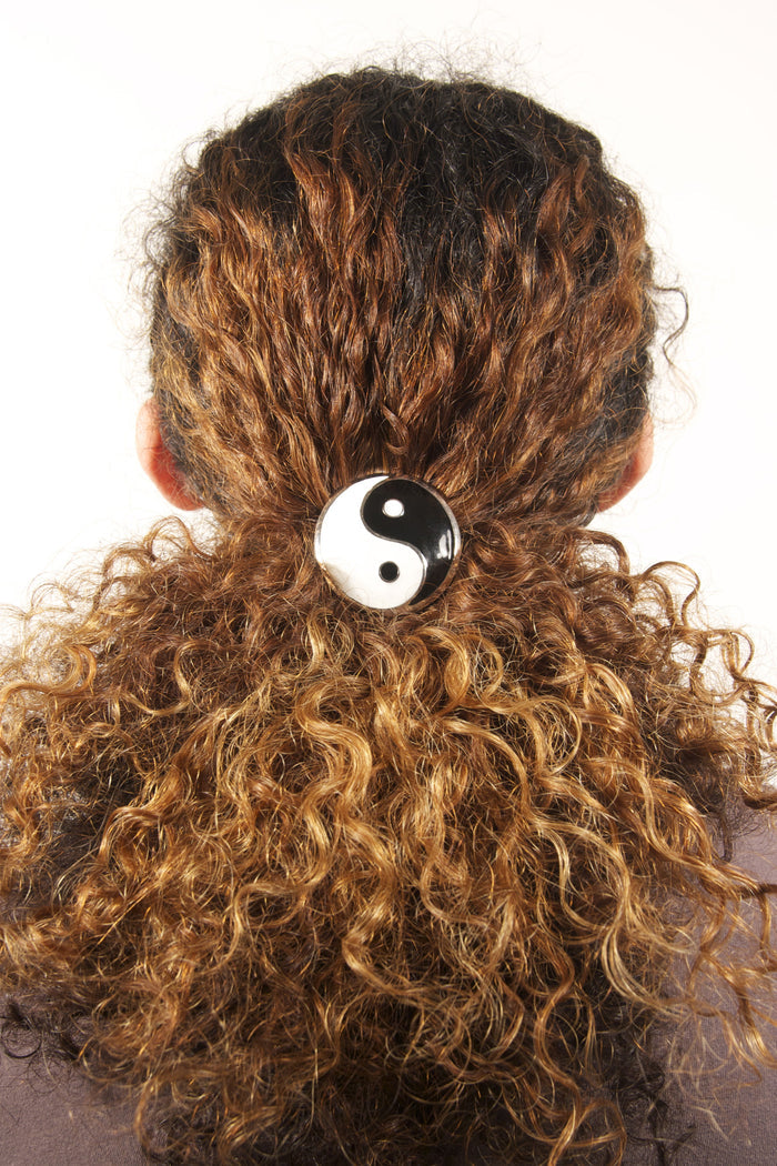 Model wearing Gold Yin Yang Hair Hook - Elegant Ponytail Holder for Women