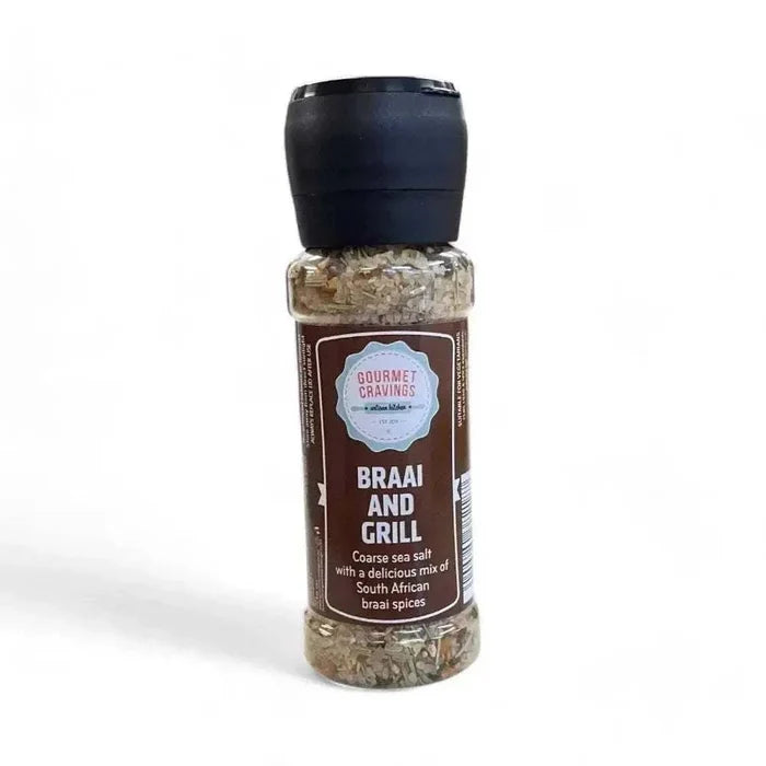 Gourmet Cravings Grinder 200ml with South African braai spices and coarse sea salt for grilling