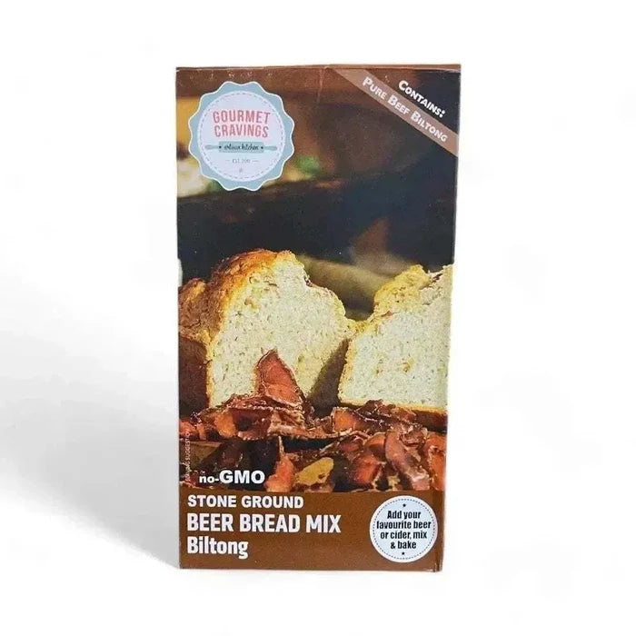 Gourmet Pre-Mix Beer Bread Biltong flavour 450g packaging with key features and ingredients displayed
