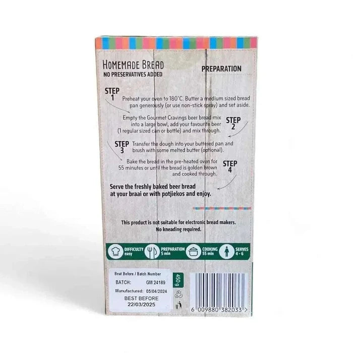 Gourmet Pre-Mix Beer Bread Garlic Herb 450g packaging with nutritional info and ingredients