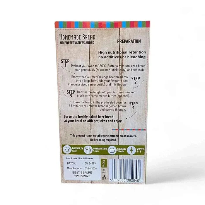 Gourmet Pre-Mix Beer Bread Rosemary & Olive flavor 450g packaging with Mediterranean herbs and olives displayed