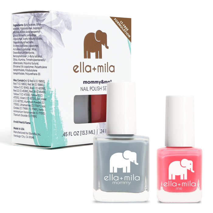 Mommy & Me Grey Skies + Ella's Pick nail polish set with its retail box
