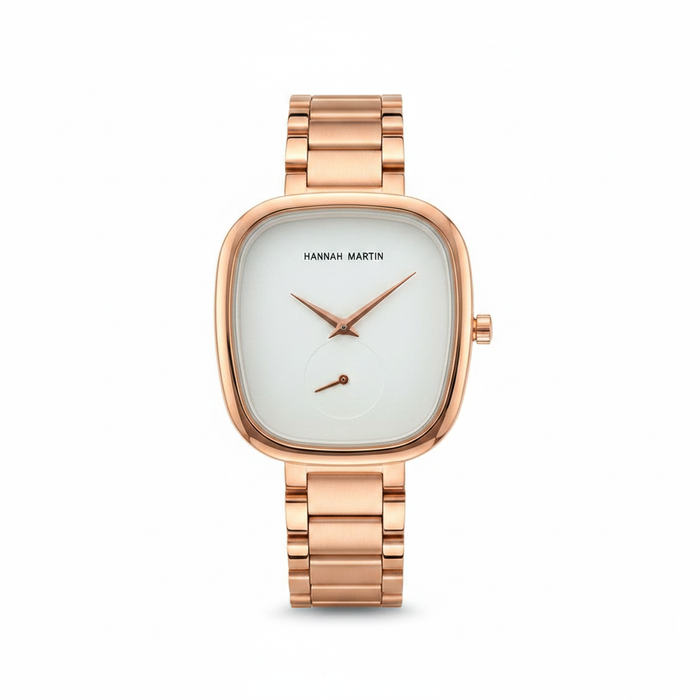 Hannah Martin rose gold watch on white background
