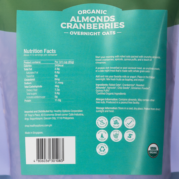 Healthy Options Organic Almonds Cranberries Overnight Oats 300g