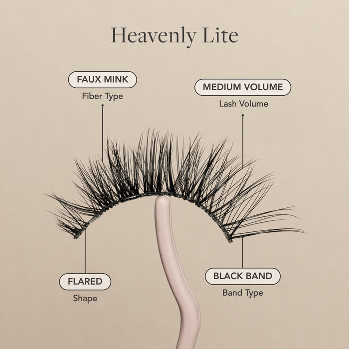 Heavenly Lite false eyelash faux mink fibers, medium volume, flared shape, black lash band.