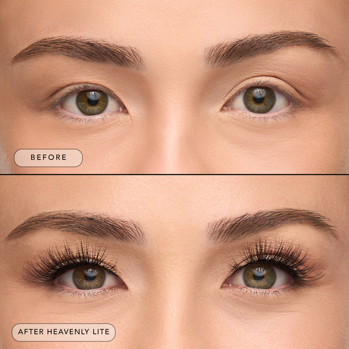 Before and after a model wearing Heavenly Lite lashes.