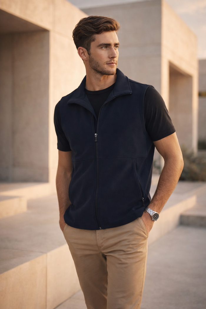 Navy blue zip-up jk25 mens softshell hi-tech vest back view