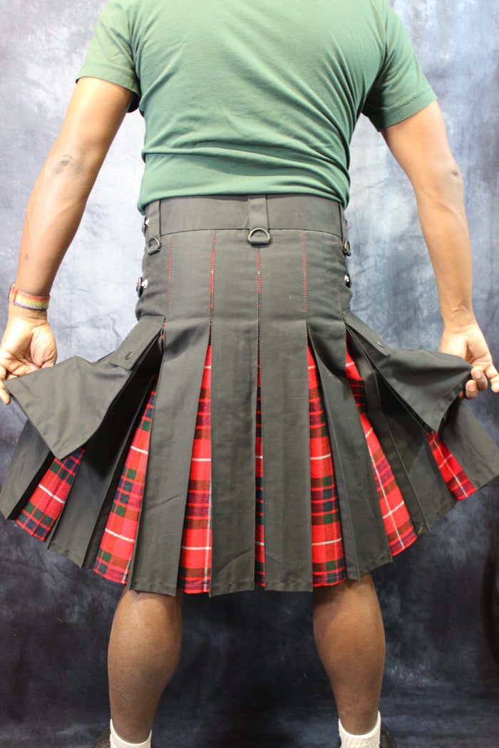 Hybrid Kilt - Black with Fraiser Red Tartan Pleats