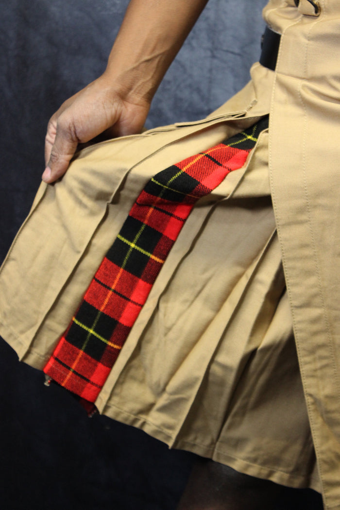 Hybrid Kilt Khaki with Wallace Tartan Pleats Red Plaid