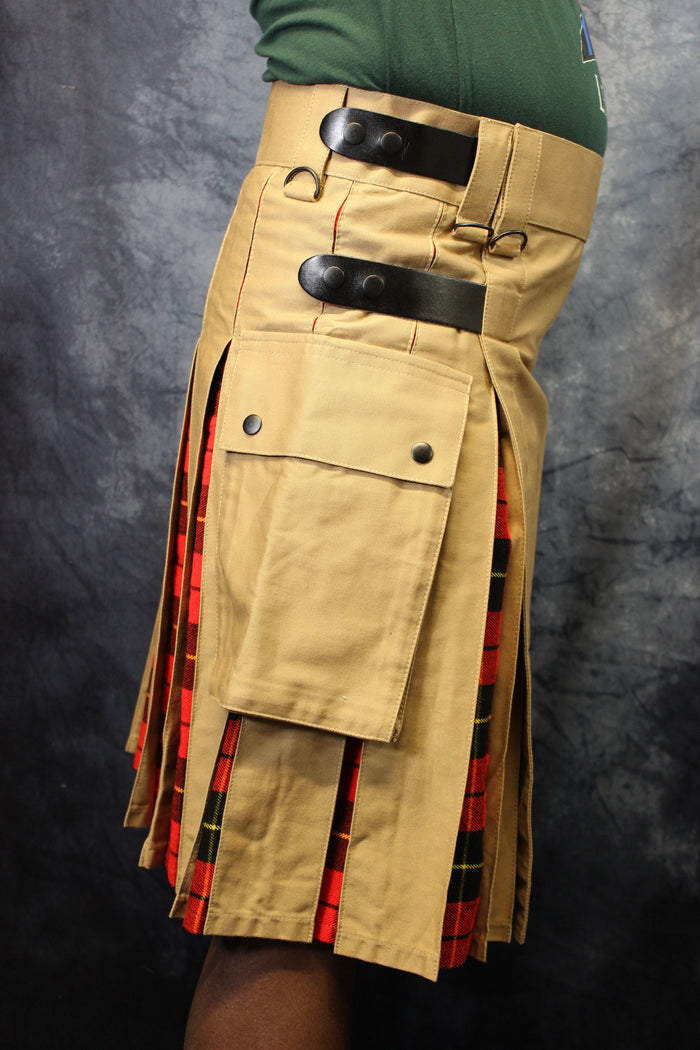 Hybrid Kilt Khaki with Wallace Tartan Pleats Red Plaid