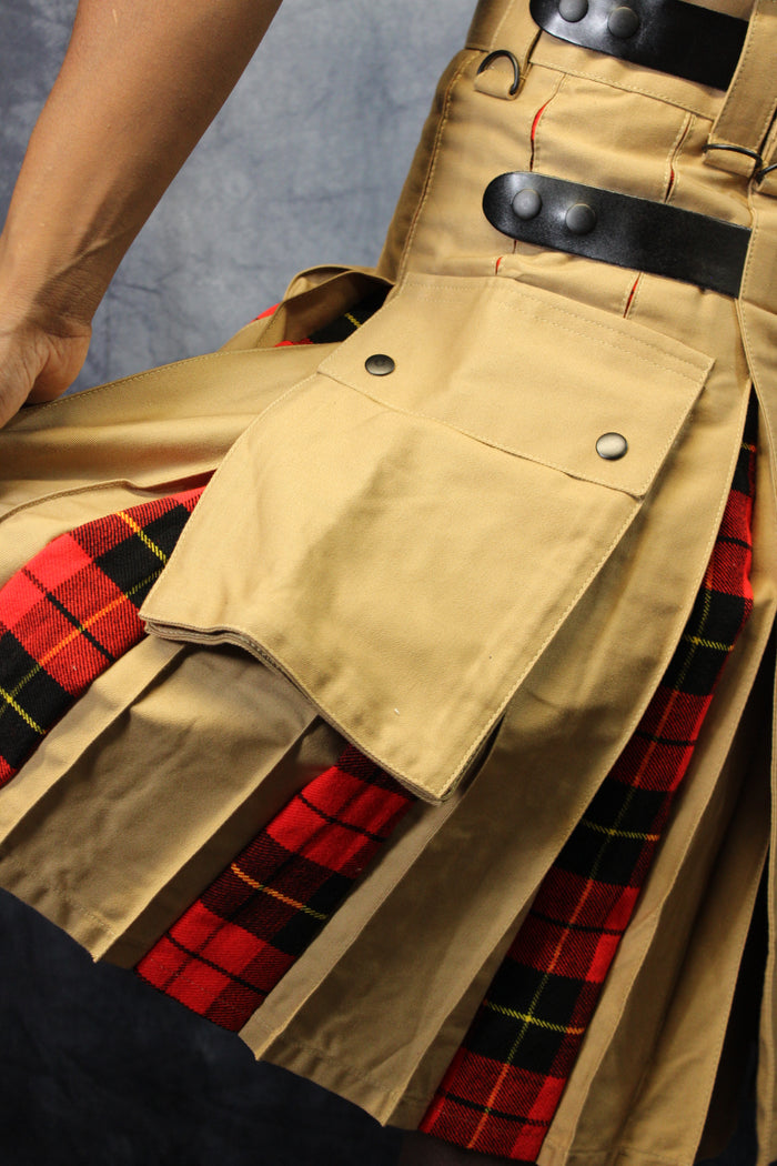 Hybrid Kilt Khaki with Wallace Tartan Pleats Red Plaid