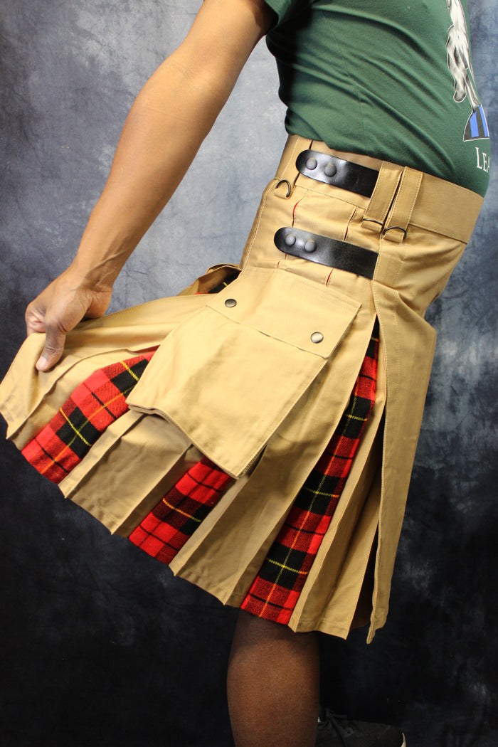 Hybrid Kilt Khaki with Wallace Tartan Pleats Red Plaid