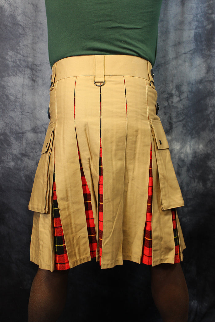 Hybrid Kilt Khaki with Wallace Tartan Pleats Red Plaid