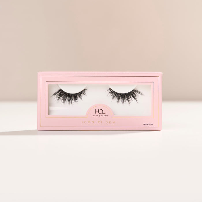 Iconic Demi a flared half lash with full volume, long length, and defined spiky fibers.