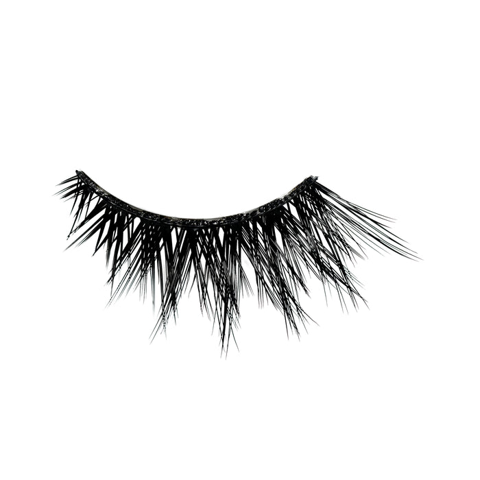 Iconic Demi a flared half lash with full volume, long length, and defined spiky fibers.