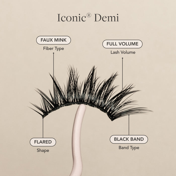 Iconic Demi false eyelash faux mink fibers, full volume, flared shape, and black lash band.