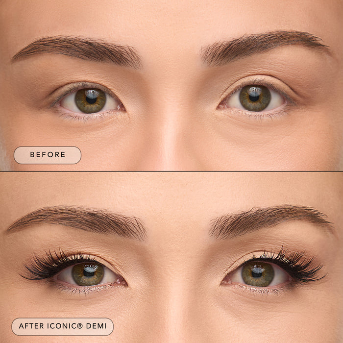A before and after of a model wearing Iconic Demi lashes.