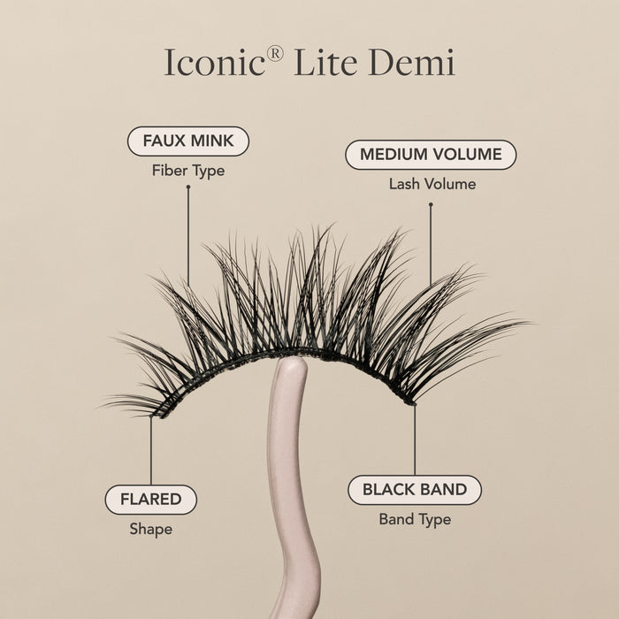Iconic Lite Demi false eyelash faux mink fibers, medium volume, flared shape, black lash band.