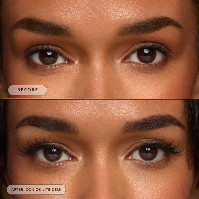 Before and after of a model wearing Iconic Lite Demi.