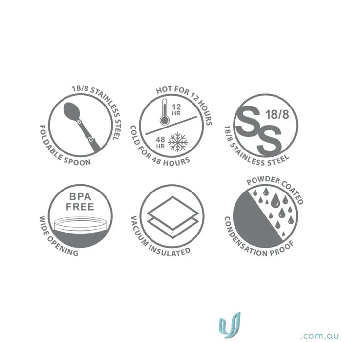 Image showing features of WorkFuel 750ml Insulated Stainless Steel Food Jar in matt black with foldable spoon