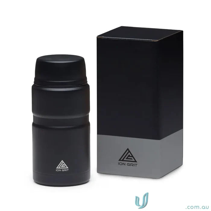 Black insulated food jar with packaging and foldable spoon, 750ml matt black design