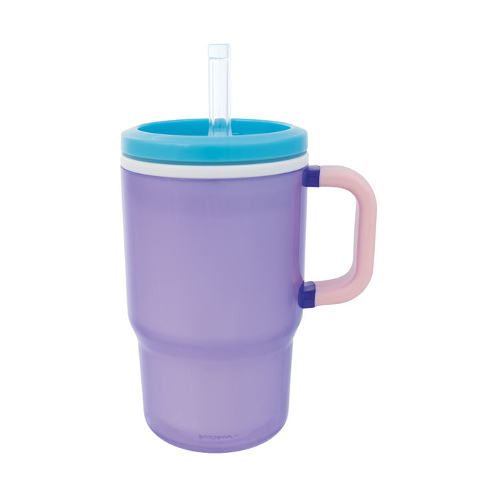 The Insulated Tiny Tumbler in Lavender is a large, translucent purple plastic toddler tumbler featuring a blue lid, pink and purple handle, and a clear silicone straw, shown against a white background.