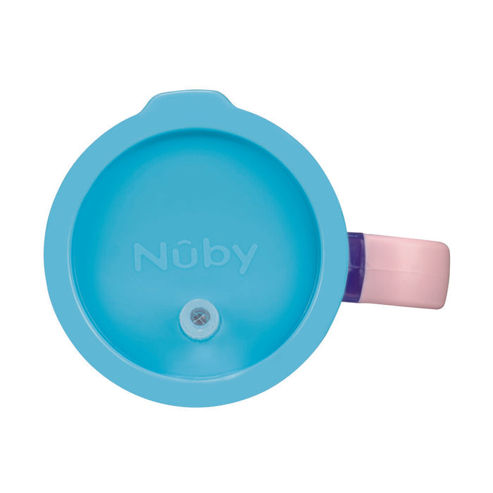 Top view of the Nûby Insulated Tiny Tumbler | Lavender lid, featuring a blue top, pink and purple handle, and a small valve in the center for this spill-proof cup.