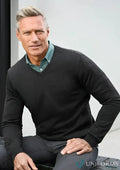 Iwg emb mens knit pullover 2026 black v neck sweater with textured knit over teal collared shirt for work uniforms