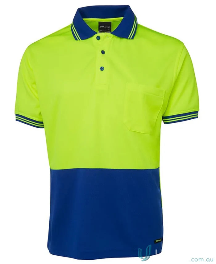 Two-tone lime safety polo shirt in fabric for 2xs size from JBs HiVis S/S Traditional Polo