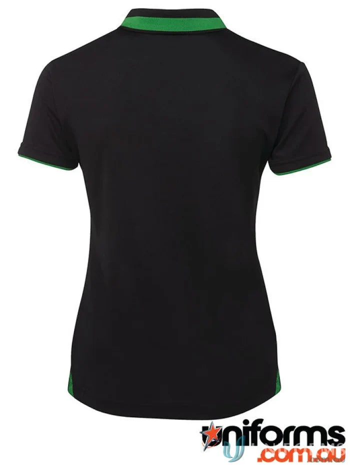 Black polo shirt with green trim from JBS Podium Ladies Swirl Polo collection