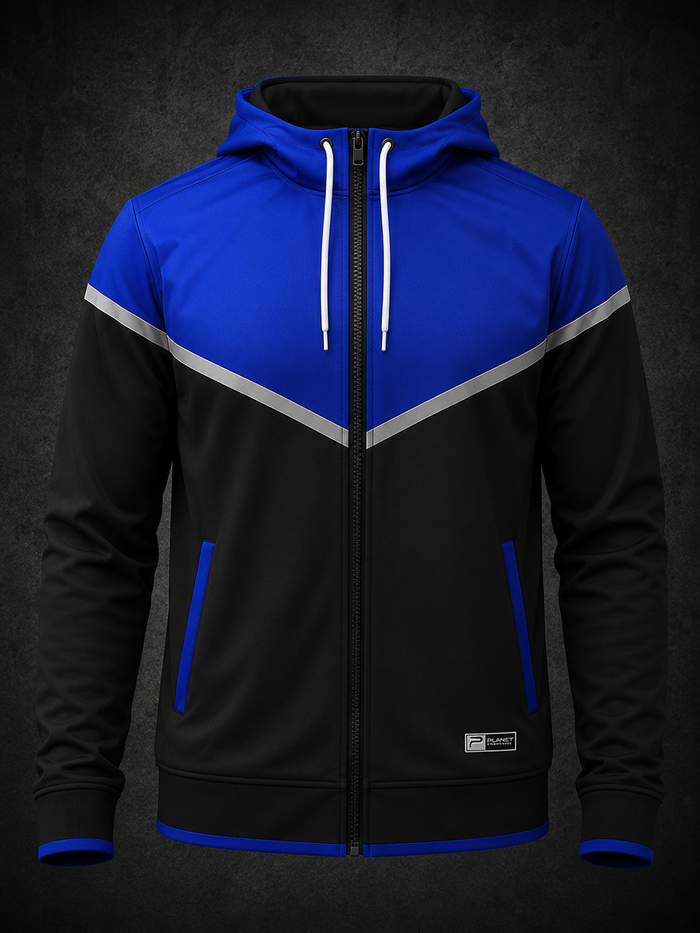 Blue and black hoodie with white accents on a dark background